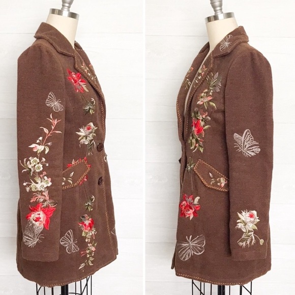 PAPARAZZI Embroidered Floral Butterfly Boho Wool Long Trench Coat Brown Small - Picture 2 of 11